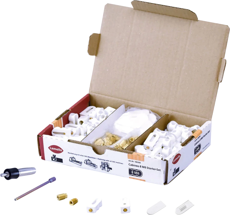 Cabineo 8 M6 starter set for woodworking with M6 connectors and fasteners, ideal for beginning furniture assembly projects.