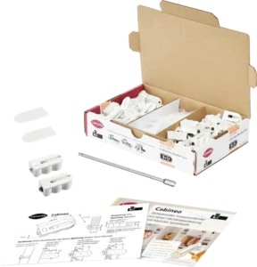 Cabineo 8/12 Starter Set with 8 mm and 12 mm connectors for versatile furniture assembly and woodworking projects.