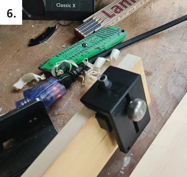 Drill 6mm holes for male connector halves using alignment tool or drill jig