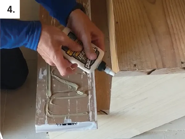 Glue beveled edges of finished stair parts and apply adhesive to backside of riser