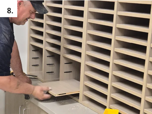 Install shelves into cabinets